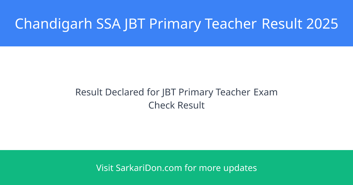 Chandigarh SSA JBT Primary Teacher Result 2025 218 Vacancies Result Declared - Exam Result Announcement | SarkariDon