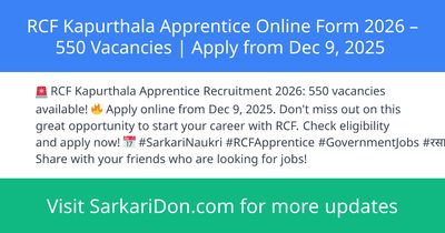 RCF Kapurthala Apprentice Online Form 2026 550 Vacancies Apply from Dec 9 2025 - Government Job Notification | SarkariDon