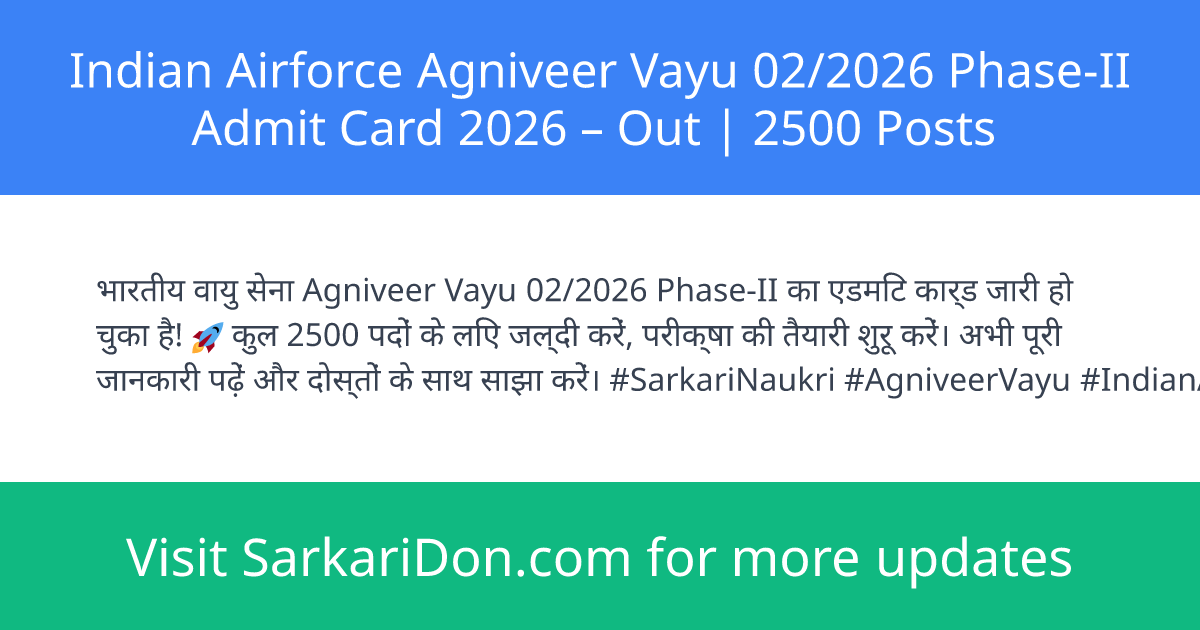 Indian Airforce Agniveer Vayu 022026 Phase-II Admit Card 2026 Out 2500 Posts - Admit Card Download | SarkariDon