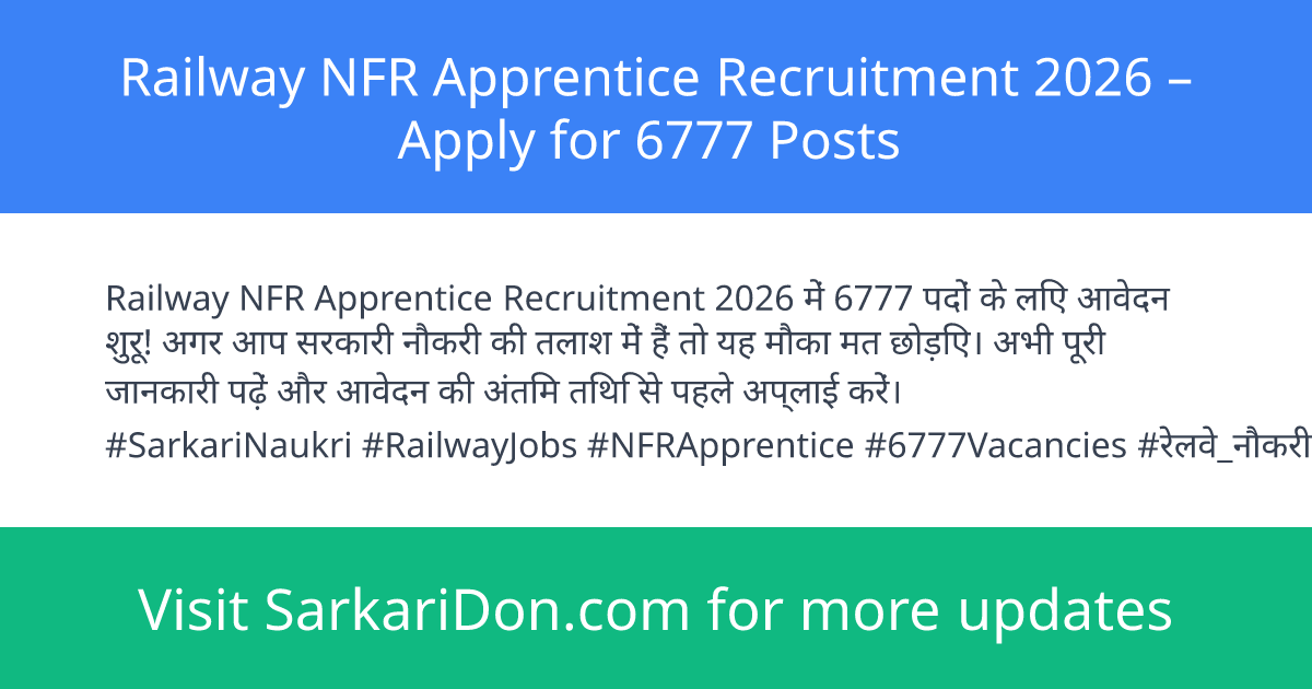Railway NFR Apprentice Recruitment 2026 Apply for 6777 Posts - Government Job Notification | SarkariDon